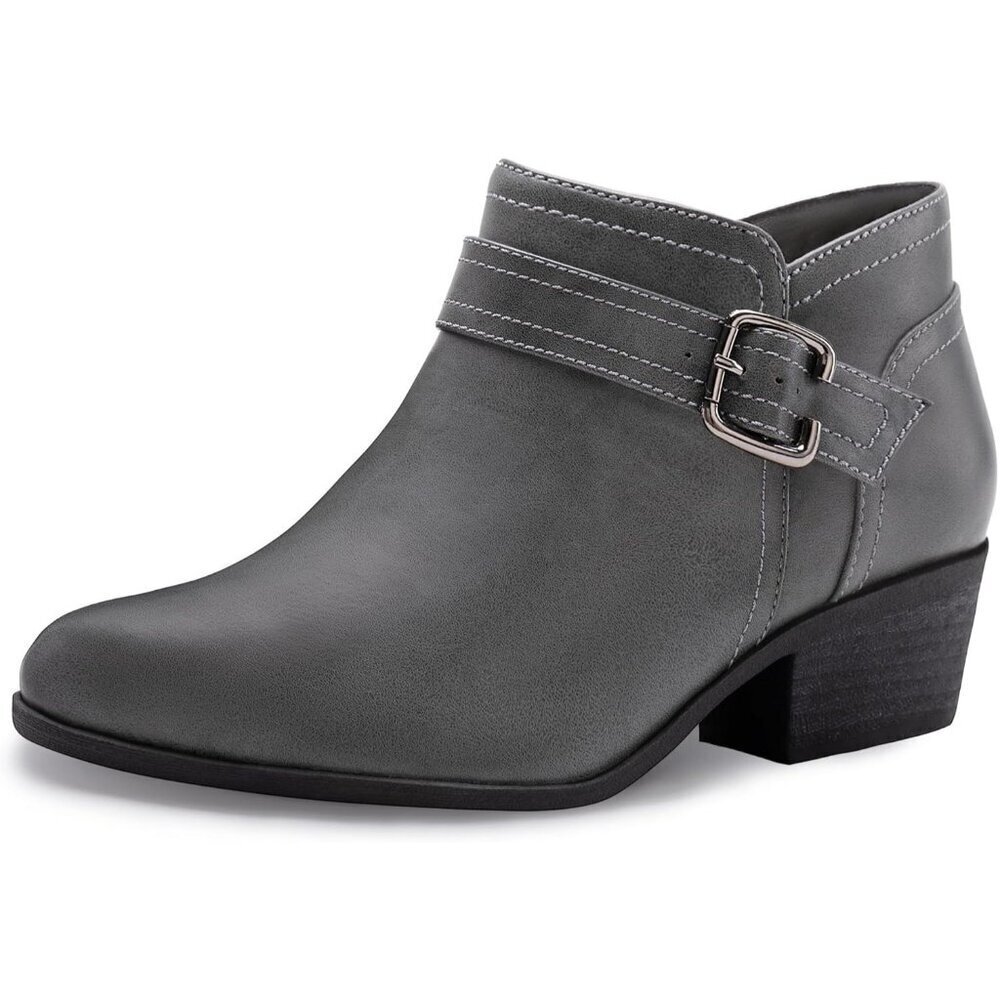 Women’s Grey Chunky Low Heel Ankle Boots Classic Pointed Toe Zipper Booty